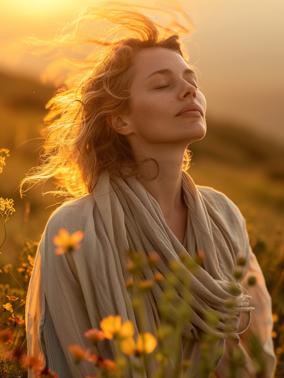 Femme debout sur une colline au lever du soleil, les yeux fermés, portée par le vent et entourée de fleurs sauvages – image poétique évoquant la transition de vie et l’élan intérieur.