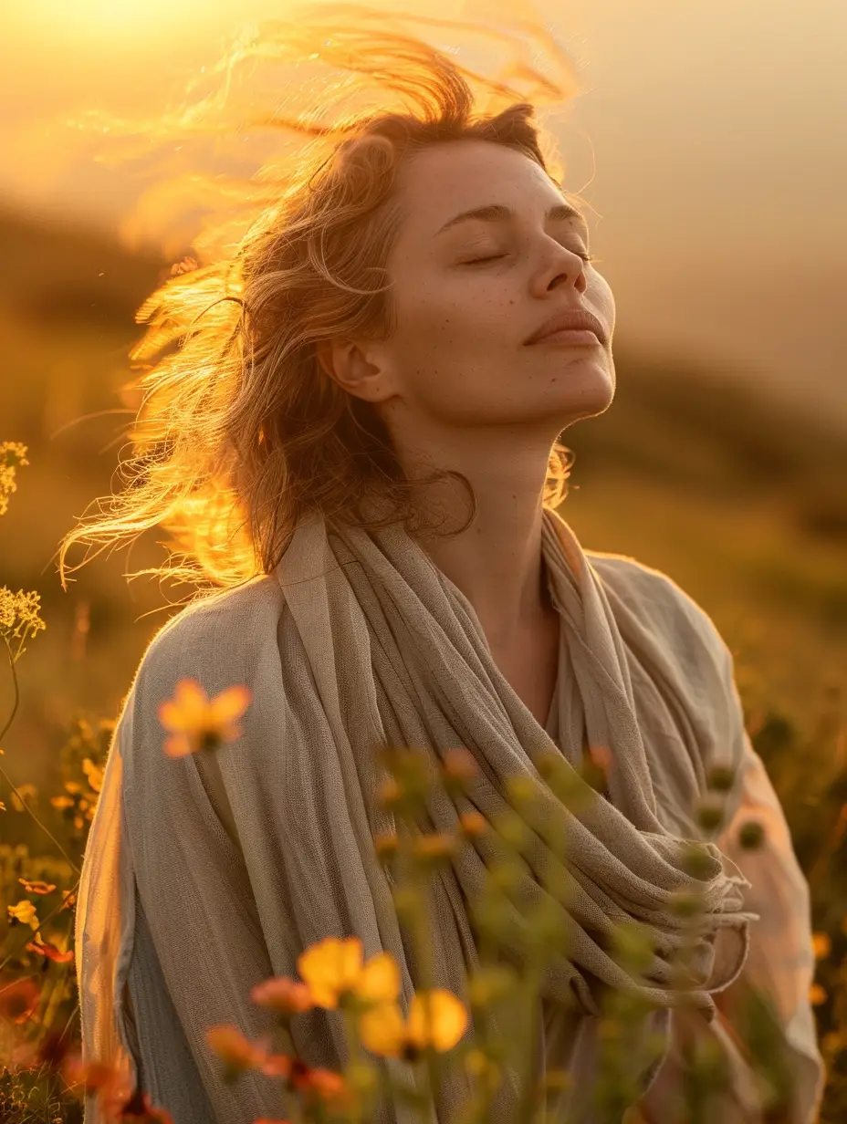 Femme debout sur une colline au lever du soleil, les yeux fermés, portée par le vent et entourée de fleurs sauvages – image poétique évoquant la transition de vie et l’élan intérieur.