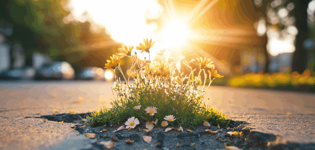 coaching transition de vie - Fleurs poussant à travers une fissure dans le bitume au lever du soleil – symbole de résilience, de fragilité et de renouveau