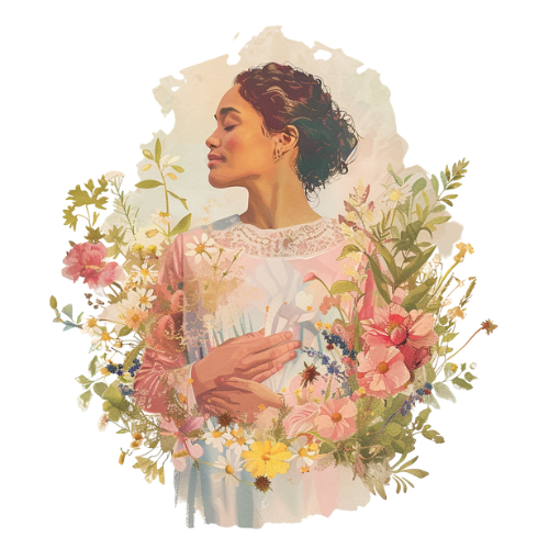 Illustration aquarelle d’une femme posant une main sur son cœur et l’autre sur son bas-ventre, entourée de fleurs sauvages, symbolisant l’approche somatique du coaching en transition de vie.