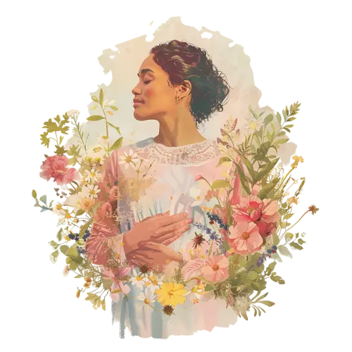 Illustration aquarelle d’une femme posant une main sur son cœur et l’autre sur son bas-ventre, entourée de fleurs sauvages, symbolisant l’approche somatique du coaching en transition de vie.