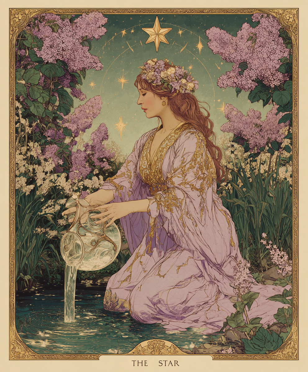 Carte de tarot "L’Étoile" dans un style Art Nouveau : une femme agenouillée au bord d’une eau paisible, versant de l’eau depuis deux jarres, sous un ciel étoilé profond et poétique, entourée de fleurs mauves et de lumière douce pour une lecture symbolique personnalisée