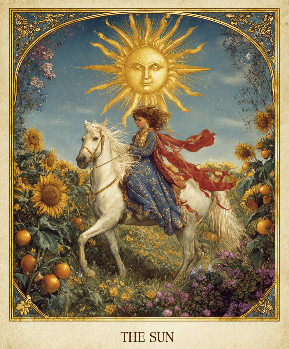 Carte de tarot "Le Soleil" dans un style Art Nouveau estival : une scène lumineuse baignée de lumière dorée, avec un enfant rayonnant ou une figure joyeuse entourée de tournesols, de feuillage éclatant, de papillons et d’un disque solaire rayonnant en arrière-plan.