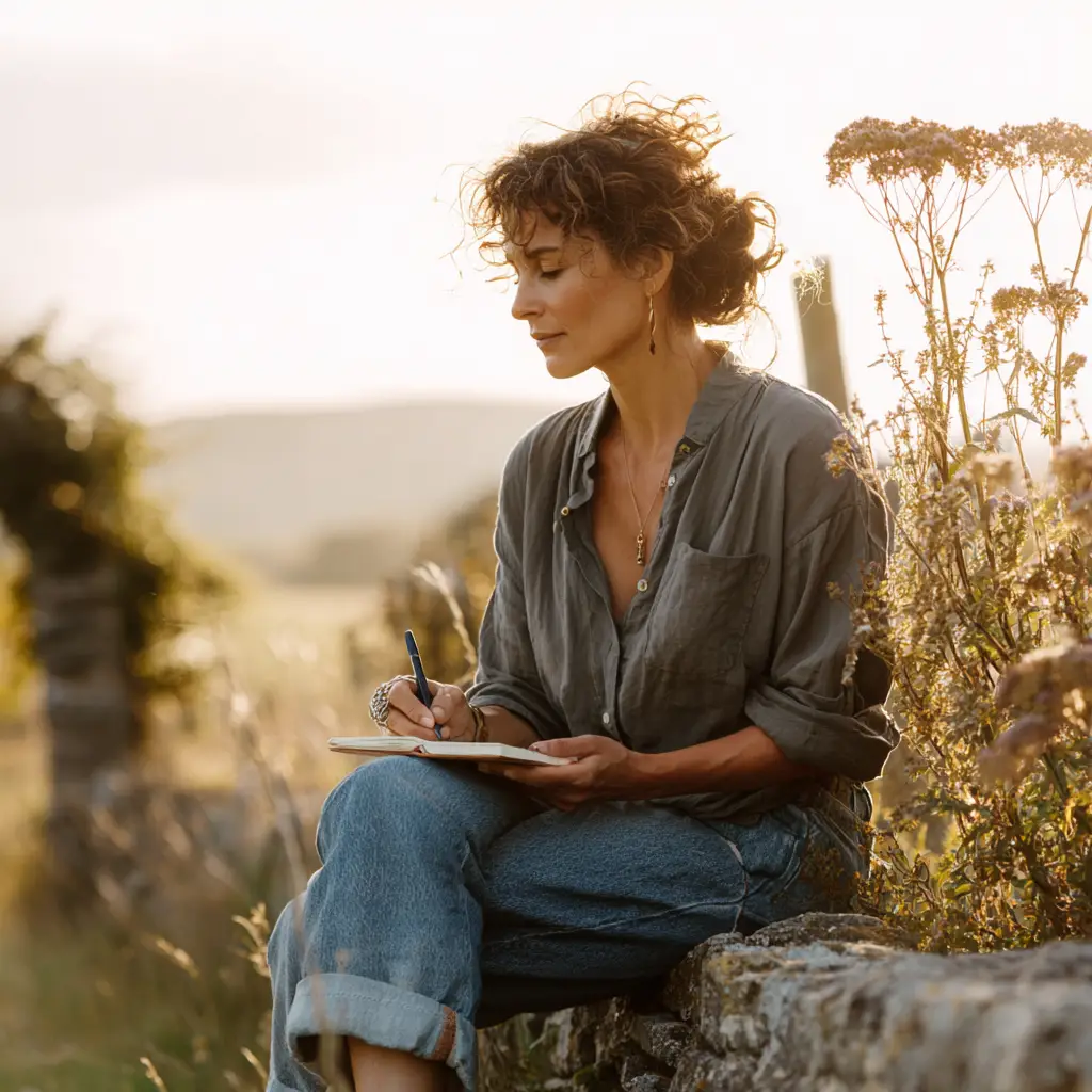 Coaching alignement de vie – femme assise en plein air au coucher du soleil, écrivant dans un carnet, symbole de clarté intérieure et d’ancrage.