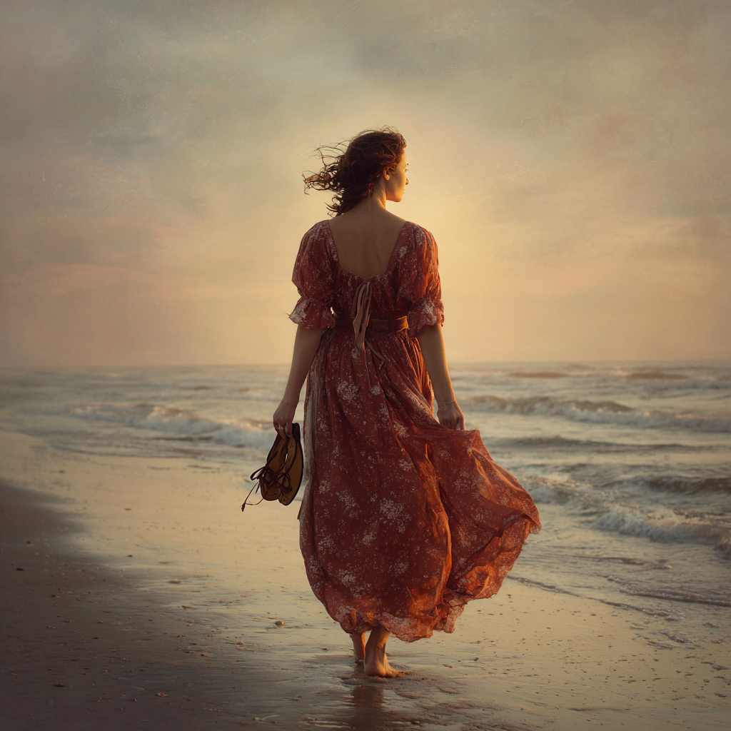 Femme debout sur une plage au lever du soleil, pieds nus, regardant l’horizon entre mer et ciel, en quête d’alignement intérieur et de clarté pour un nouveau départ.
