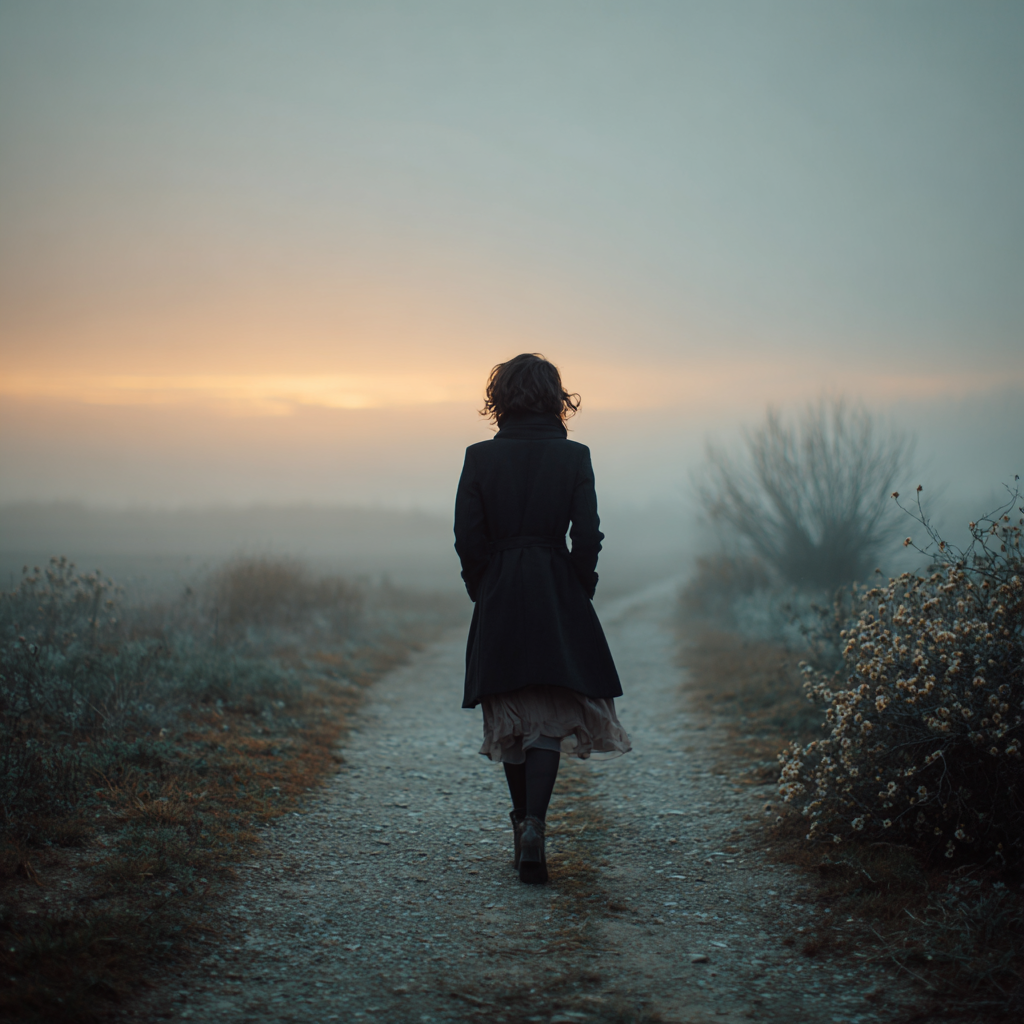 Woman standing in a misty field at sunset, gazing upward — symbol of existential crisis support and inner transformation