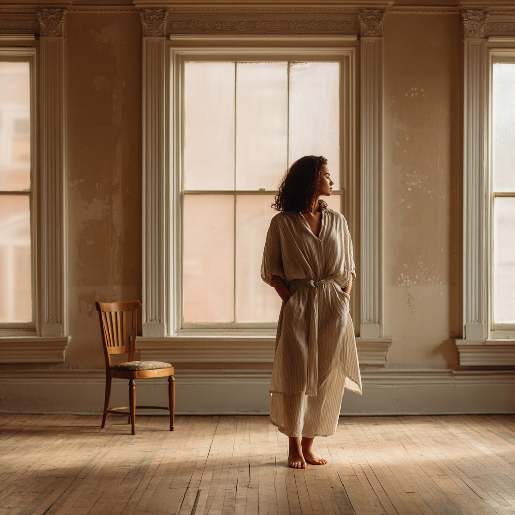 A woman standing alone in an empty sunlit room, gazing out the window — symbolizing the inner void and disorientation of an existential crisis.