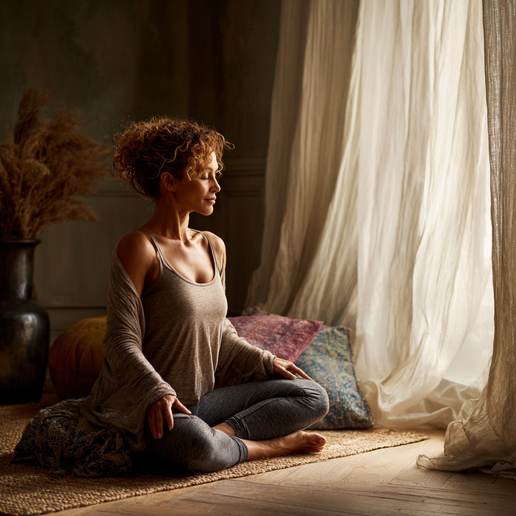 A woman seated cross-legged in soft morning light, meditating by a curtain — evoking calm, presence, and post-burnout restoration.
