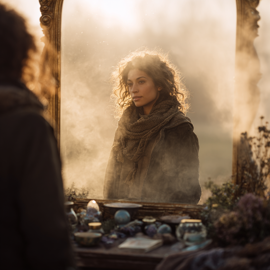 Femme face à son reflet dans un miroir brumeux, entourée d’objets symboliques, dans une lumière dorée du soir – image évoquant l’émergence d’une vocation intérieure.