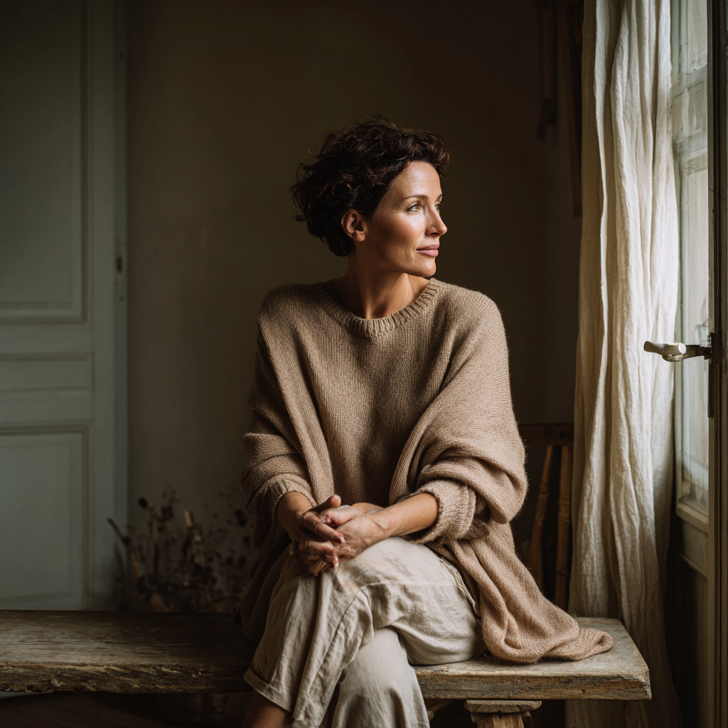A woman sitting by a softly lit window, wrapped in a warm sweater, eyes gazing outward — embodying rest, introspection, and quiet strength after burnout.