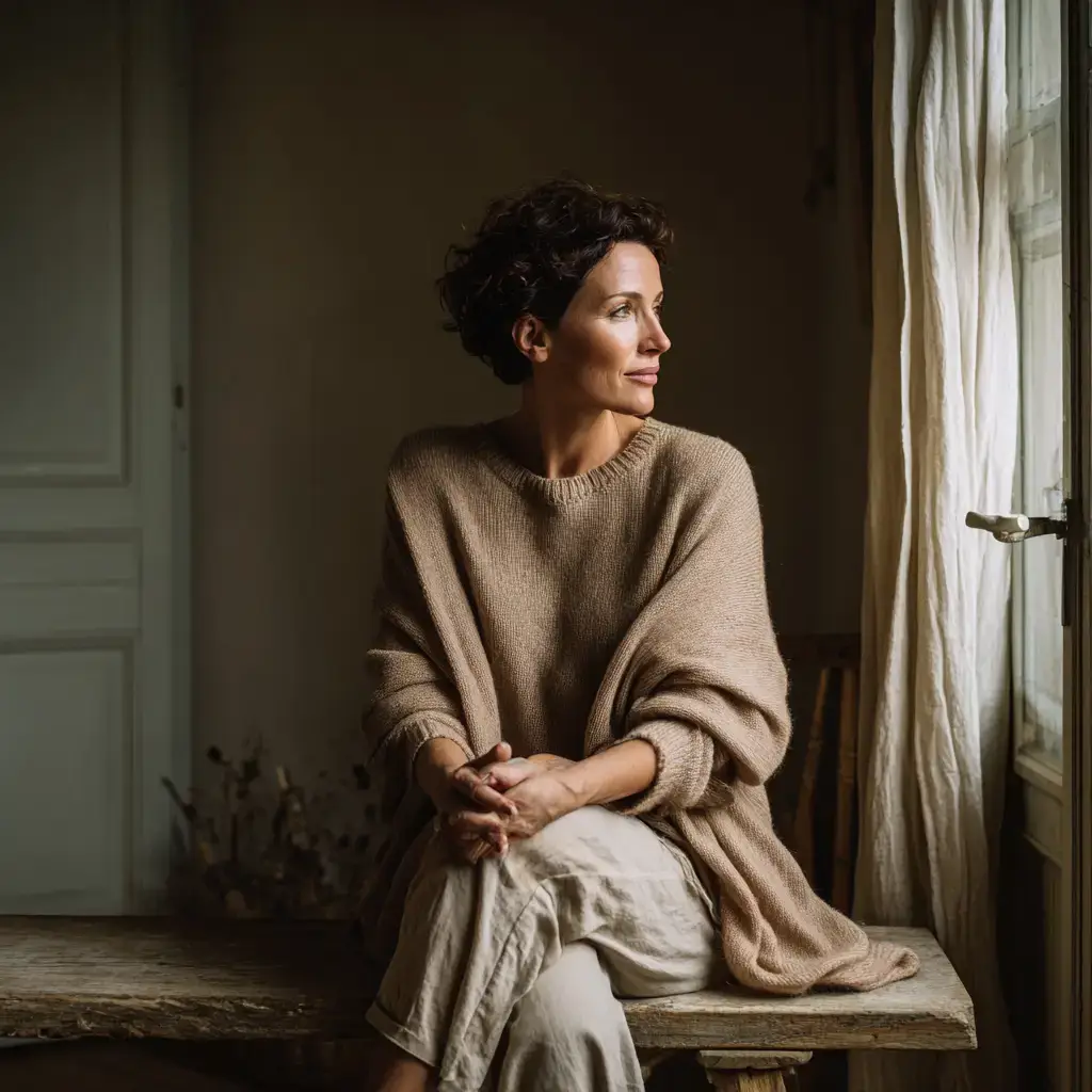 A woman sitting by a softly lit window, wrapped in a warm sweater, eyes gazing outward — embodying rest, introspection, and quiet strength after burnout.