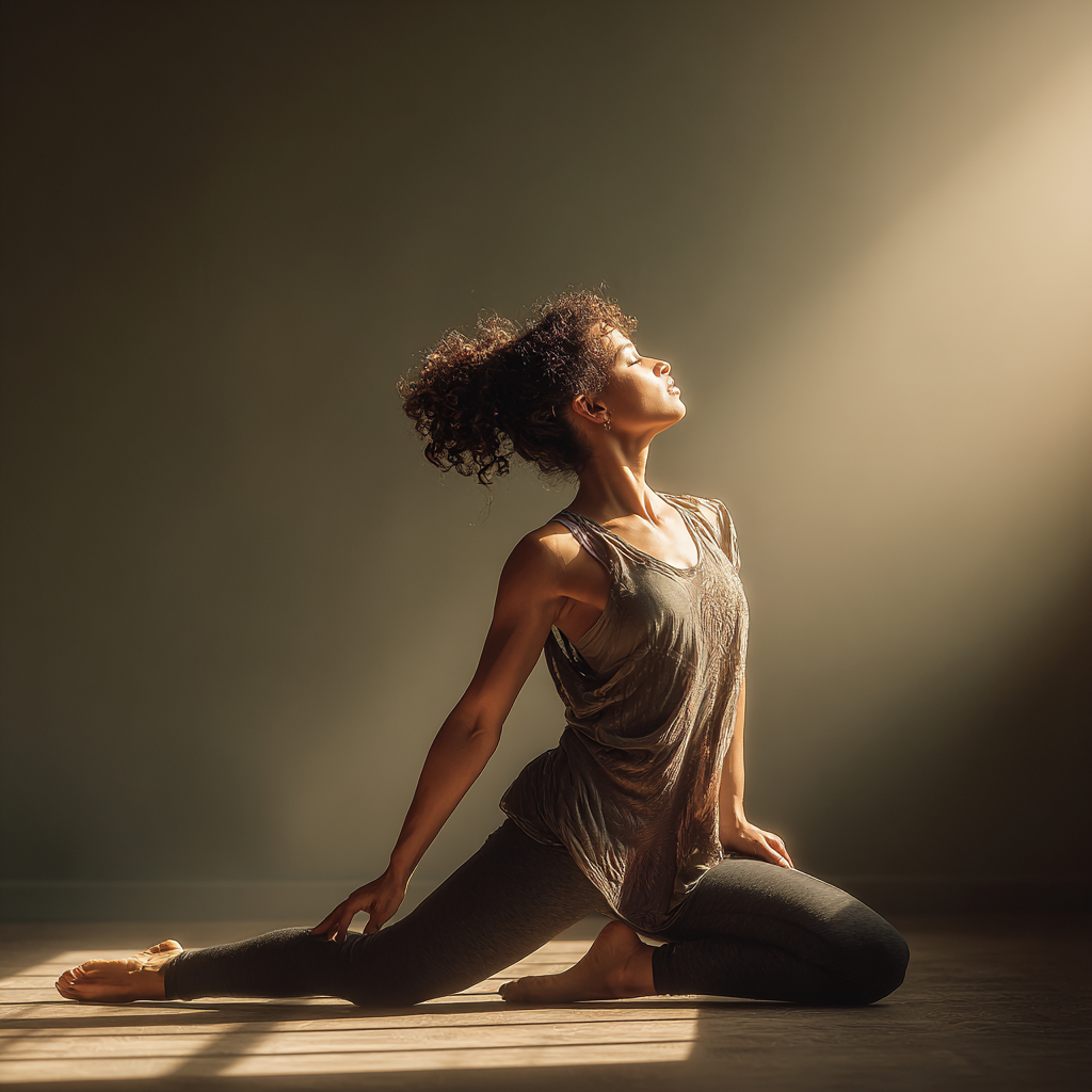 A woman stretching in warm light, one hand grounded, chest open — embodying resilience, softness, and the first step after burnout.