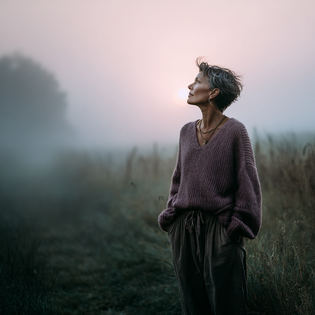 A woman standing in a soft morning mist, looking toward the horizon — symbolising inner renewal after burnout.