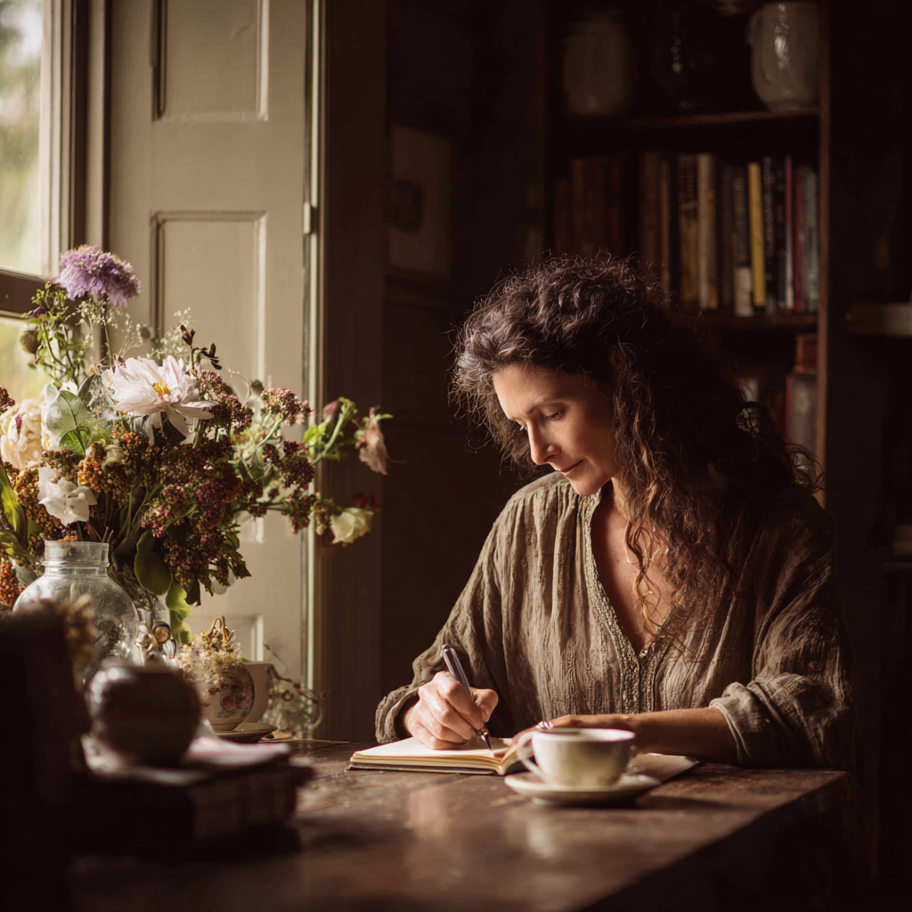 Femme écrivant dans un carnet au petit matin, incarnant un moment de reconnexion intérieure après une crise existentielle.