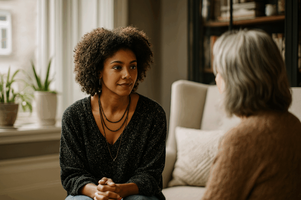 Scène d’écoute bienveillante entre deux femmes dans un espace minimaliste, représentant un accompagnement sensible en période de crise existentielle.