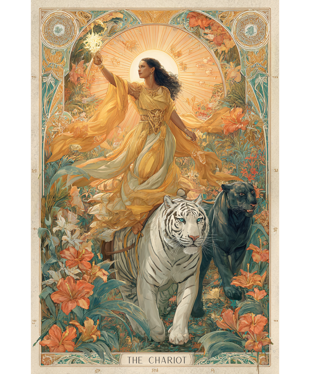 Illustration de la carte du Chariot dans un style Art Nouveau estival, représentant une figure triomphante en mouvement, entourée de feuillage luxuriant, avec des détails dorés et une ambiance lumineuse.