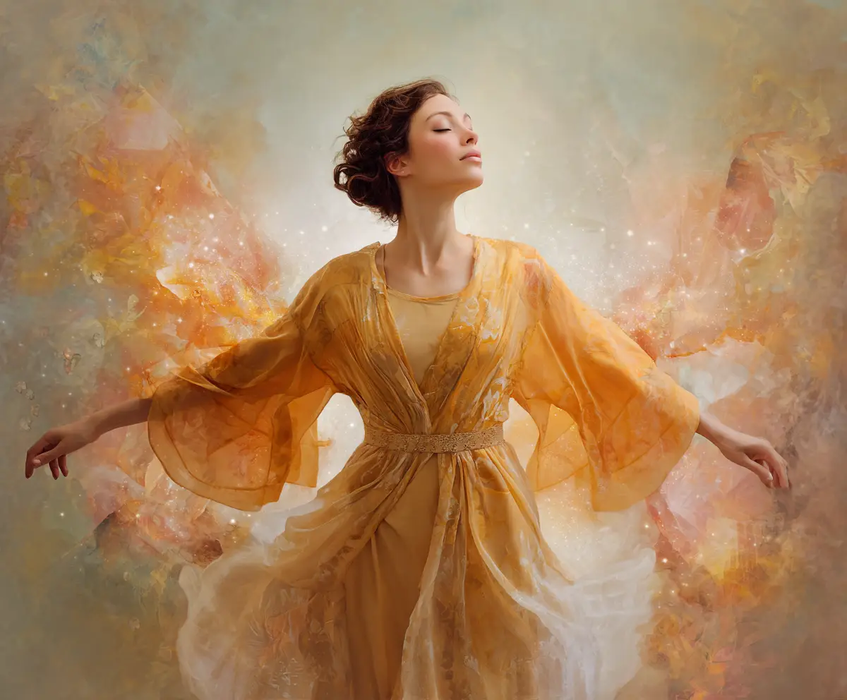 Illustration symbolique de renaissance féminine baignée de lumière dorée – coaching thérapeutique transition de vie