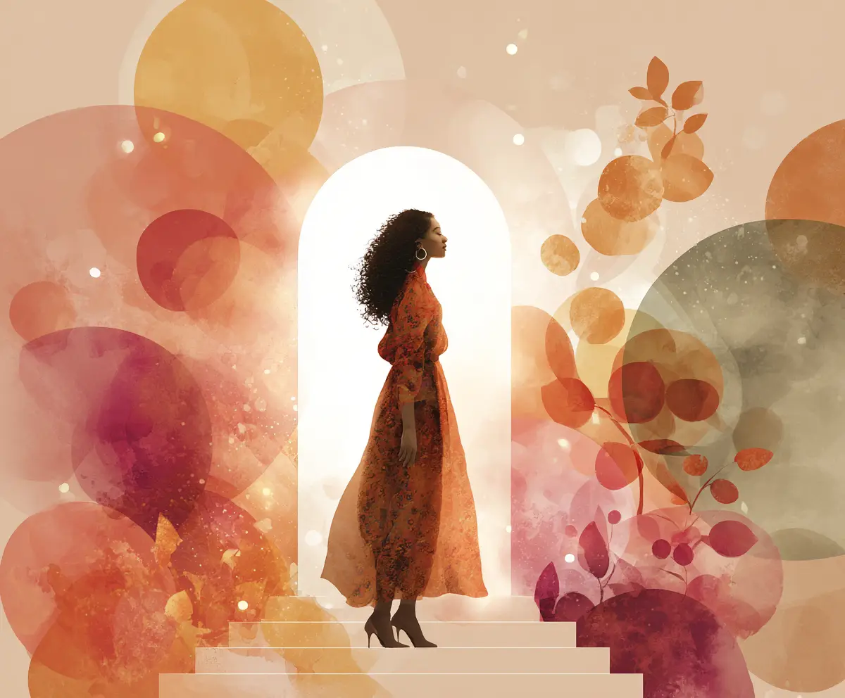 Illustration symbolique d’une femme face à un seuil lumineux – coaching thérapeutique transition de vie