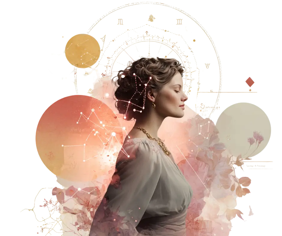 Illustration poétique d’une consultation Big Three (Soleil, Lune, Ascendant) en astrologie, reliant symbolisme céleste et introspection