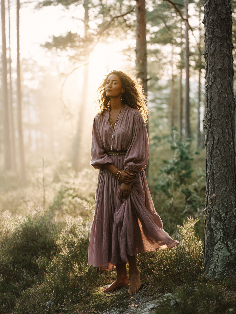 Accompagnement en transition de vie – une femme avançant dans la forêt, symbole de retour à soi et de passage intérieur