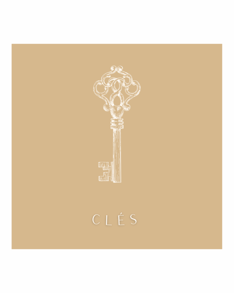 Illustration d’une clé ancienne sur fond beige avec le mot “CLÉS” — symbole des ressources intérieures révélées lors d’un accompagnement transition de vie.