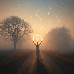 Consultation vocation vie professionnelle illustrée par une femme avançant sur un chemin au lever du soleil avec une carte astrologique lumineuse et des constellations