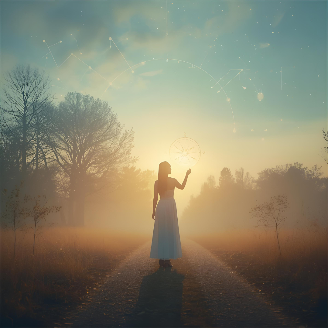 Consultation vocation vie professionnelle avec une femme en transition de vie tenant une carte astrologique lumineuse pour trouver sa voie