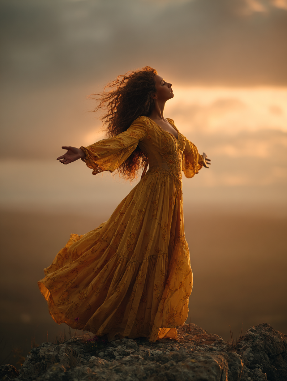 Life transition coaching for women – a woman in a flowing yellow dress standing on a cliff at sunset, arms open in freedom and embodiment.