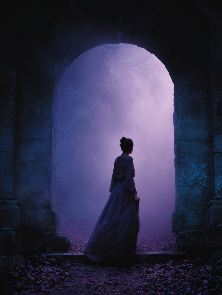 Life transition coaching for women – a woman in a long dress standing at a stone gateway, stepping into purple light, symbolizing crossing a life threshold.