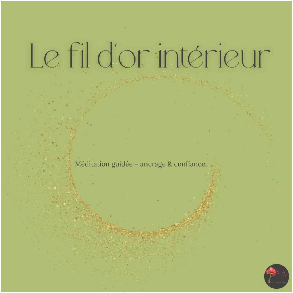 Méditation ancrage confiance gratuite – visuel de l’audio guidé « Le fil d’or intérieur », fond vert sauge et cercle doré symbolique