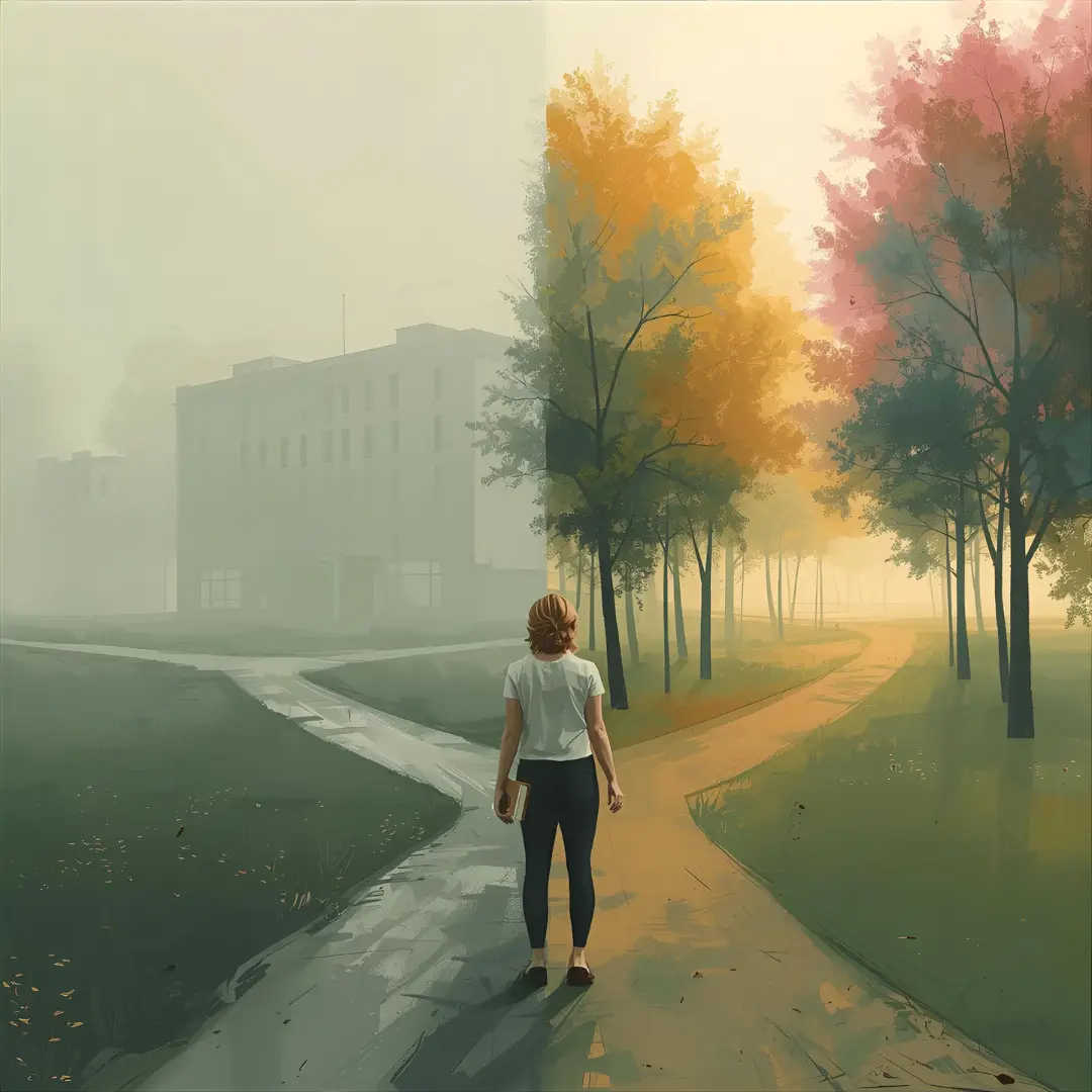 Qu’est-ce qu’une crise existentielle ? Exemple concret d’une femme à la croisée des chemins, choisissant un nouveau passage plus lumineux.