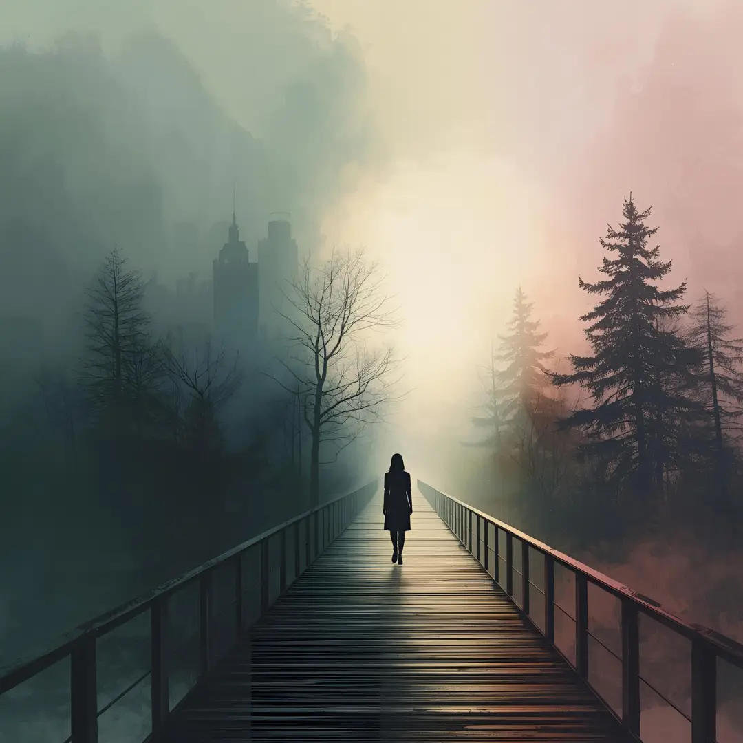 Qu’est-ce qu’une crise existentielle ? Illustration symbolique d’une femme traversant un pont entre ombre et lumière, métaphore de la transition.