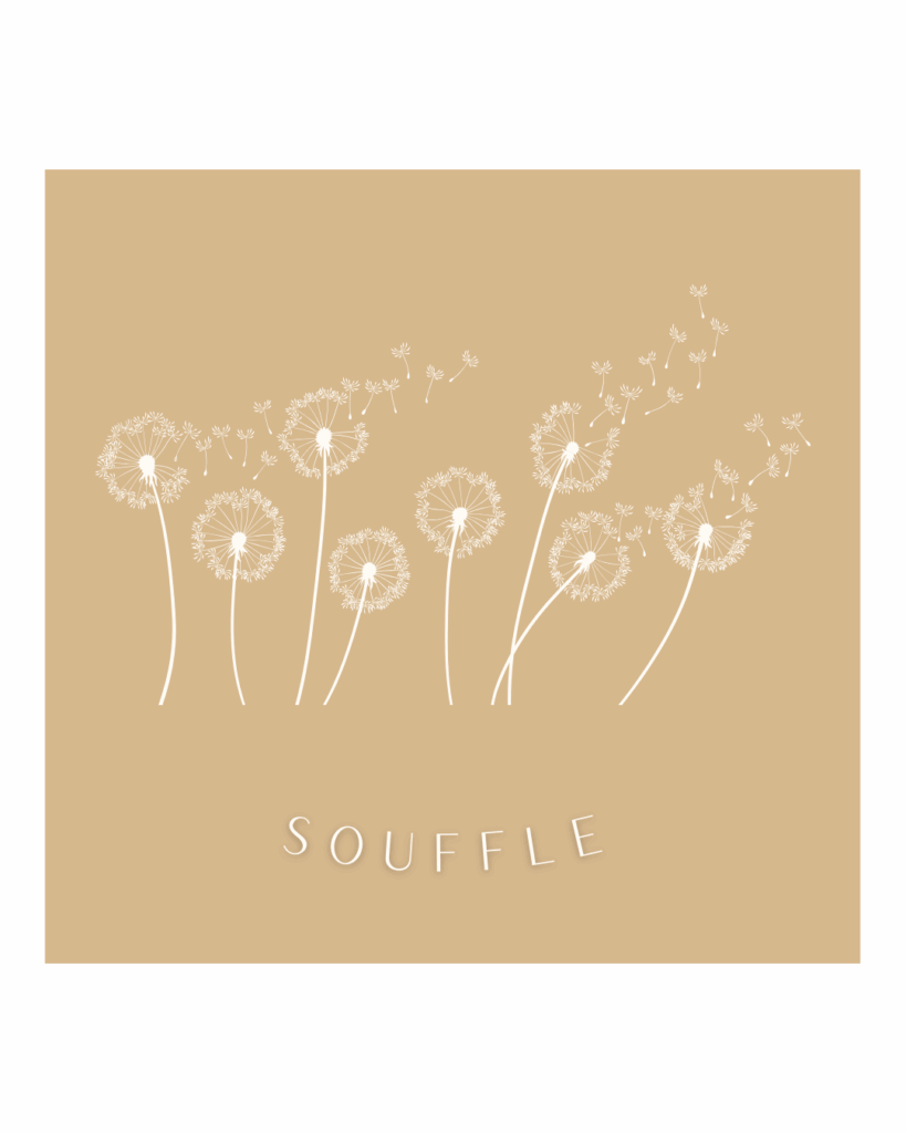 Illustration de pissenlits soufflés par le vent sur fond beige – symbole de transformation intérieure douce, souffle de renouveau et processus accompagnement transition de vie.