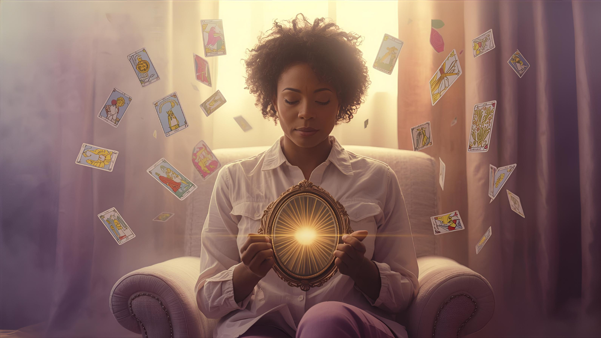 Illustration tarot psychologique comme miroir intérieur, une femme tenant un miroir lumineux entourée de cartes de tarot