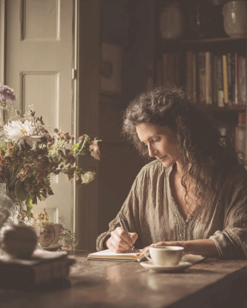 Accompagnement crise existentielle: femme écrivant dans un carnet au petit matin, incarnant un moment de reconnexion intérieure