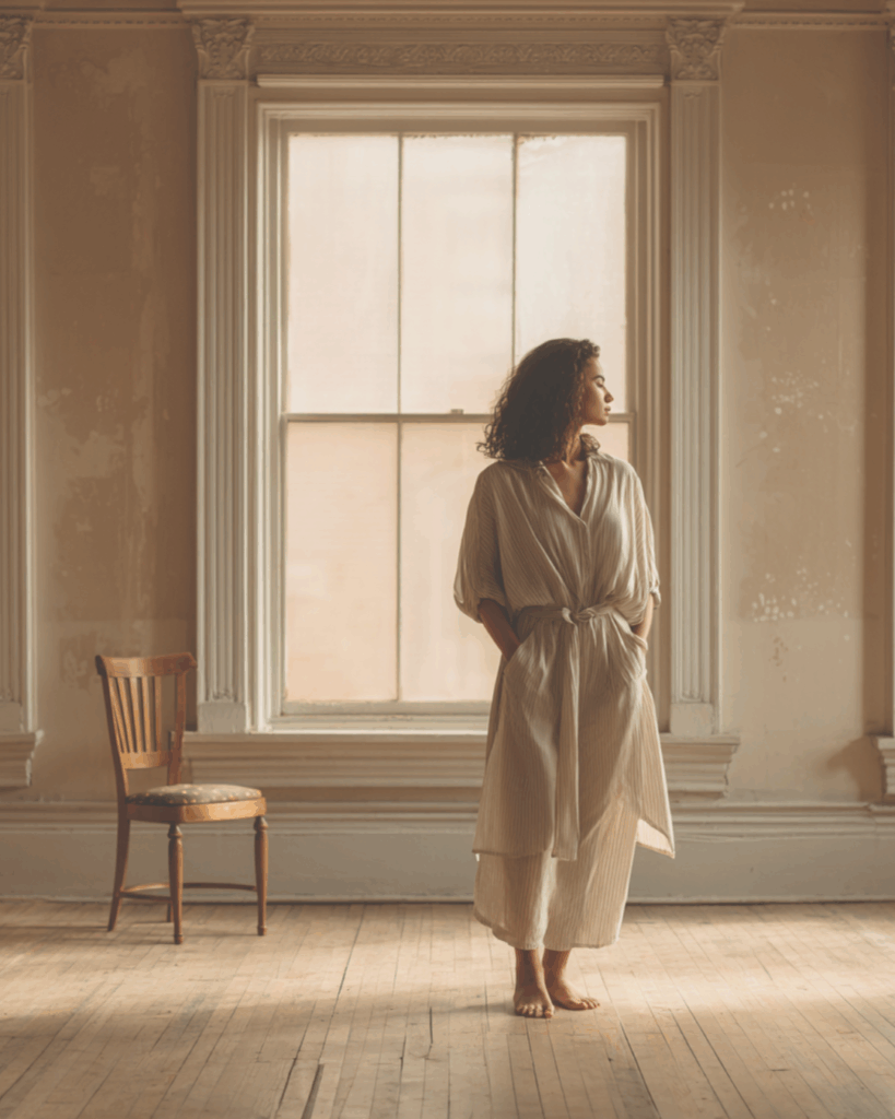 Accompagnement crise existentielle -femme debout dans une pièce vide, contemplant la lumière d’une fenêtre, image métaphorique d’une perte de repères et d’un entre-deux existentiel.