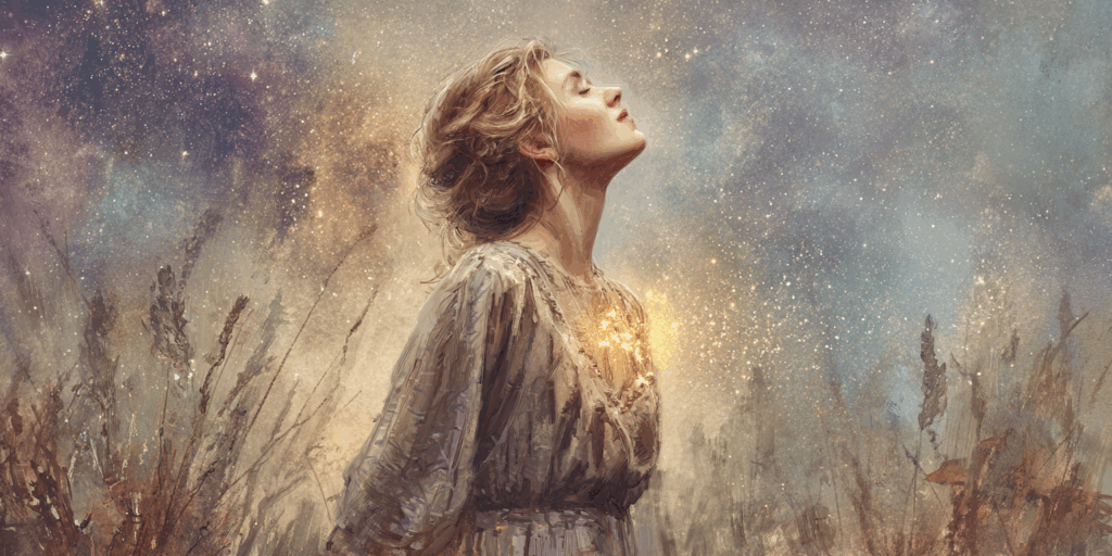 accompagnement en transition de vie – femme mature regardant le ciel étoilé, lumière intérieure rayonnante, illustration symbolique du passage et de l’éveil de l’âme