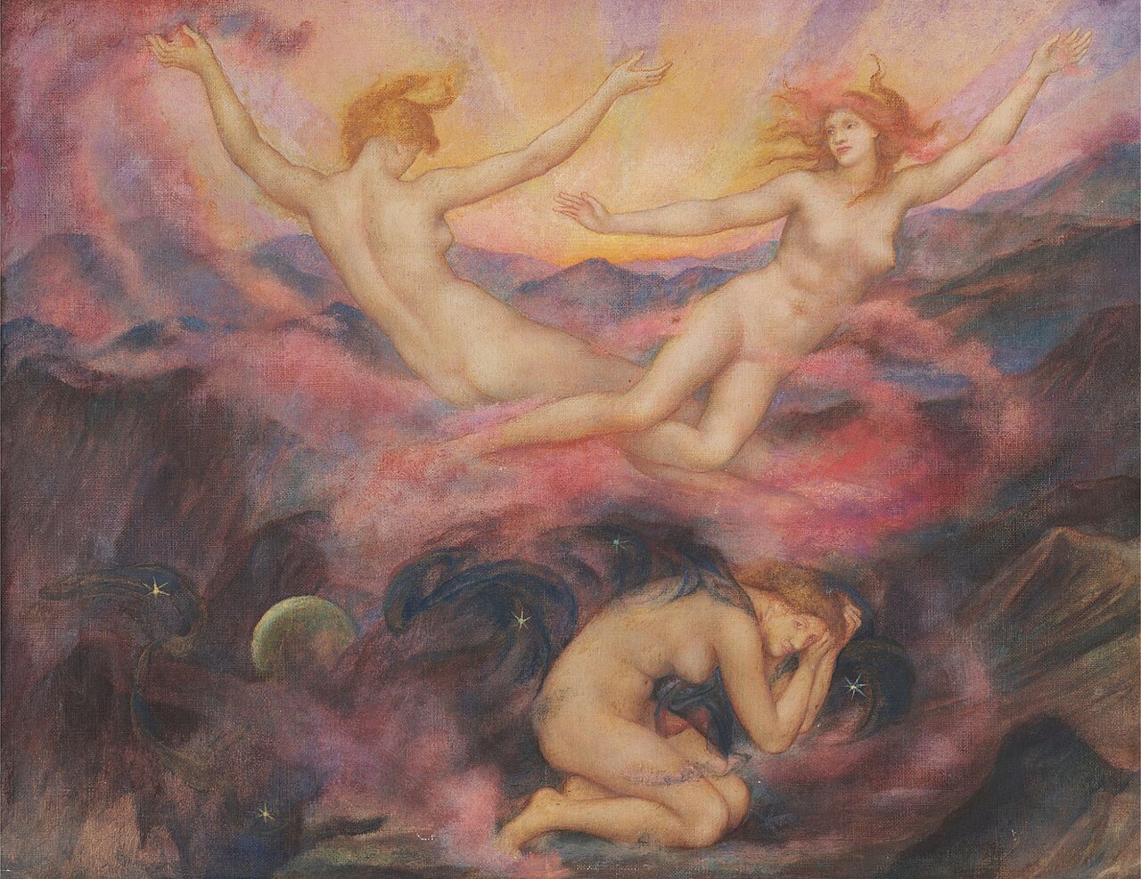 Tableau Night and Dawn d’Evelyn De Morgan symbolisant la renaissance intérieure et le passage de l’ombre à la lumière, illustrant le coaching transition de vie.