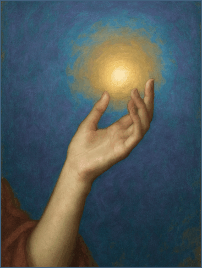 Coaching transition de vie – main ouverte accueillant une lumière dorée, symbole de transformation intérieure et d’éveil de conscience.