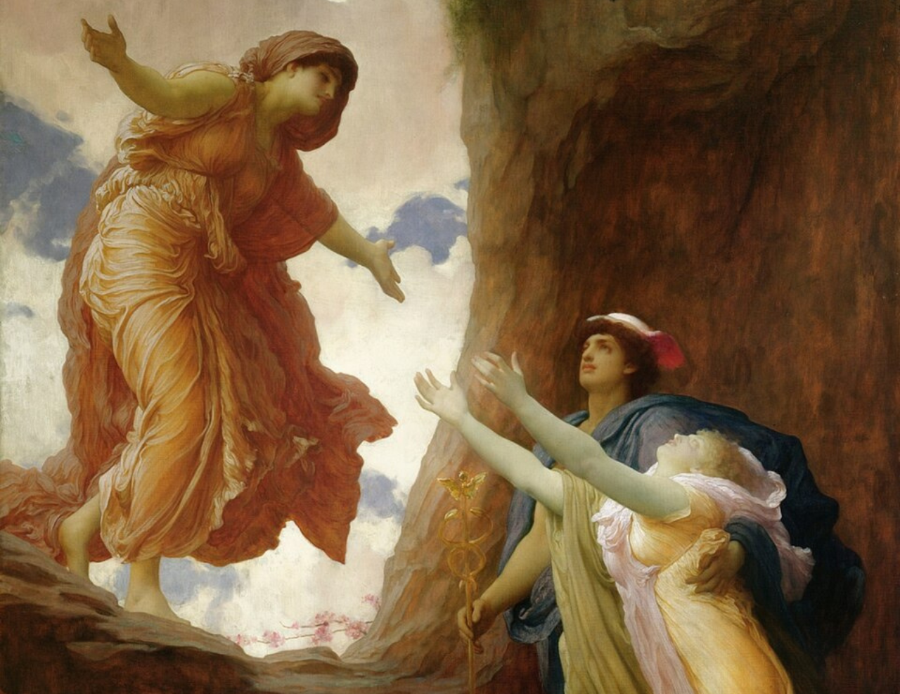 Tableau The Return of Persephone de Frederic Leighton représentant la remontée de Perséphone vers la lumière, symbole de renaissance et de transformation, illustrant le coaching transition de vie.