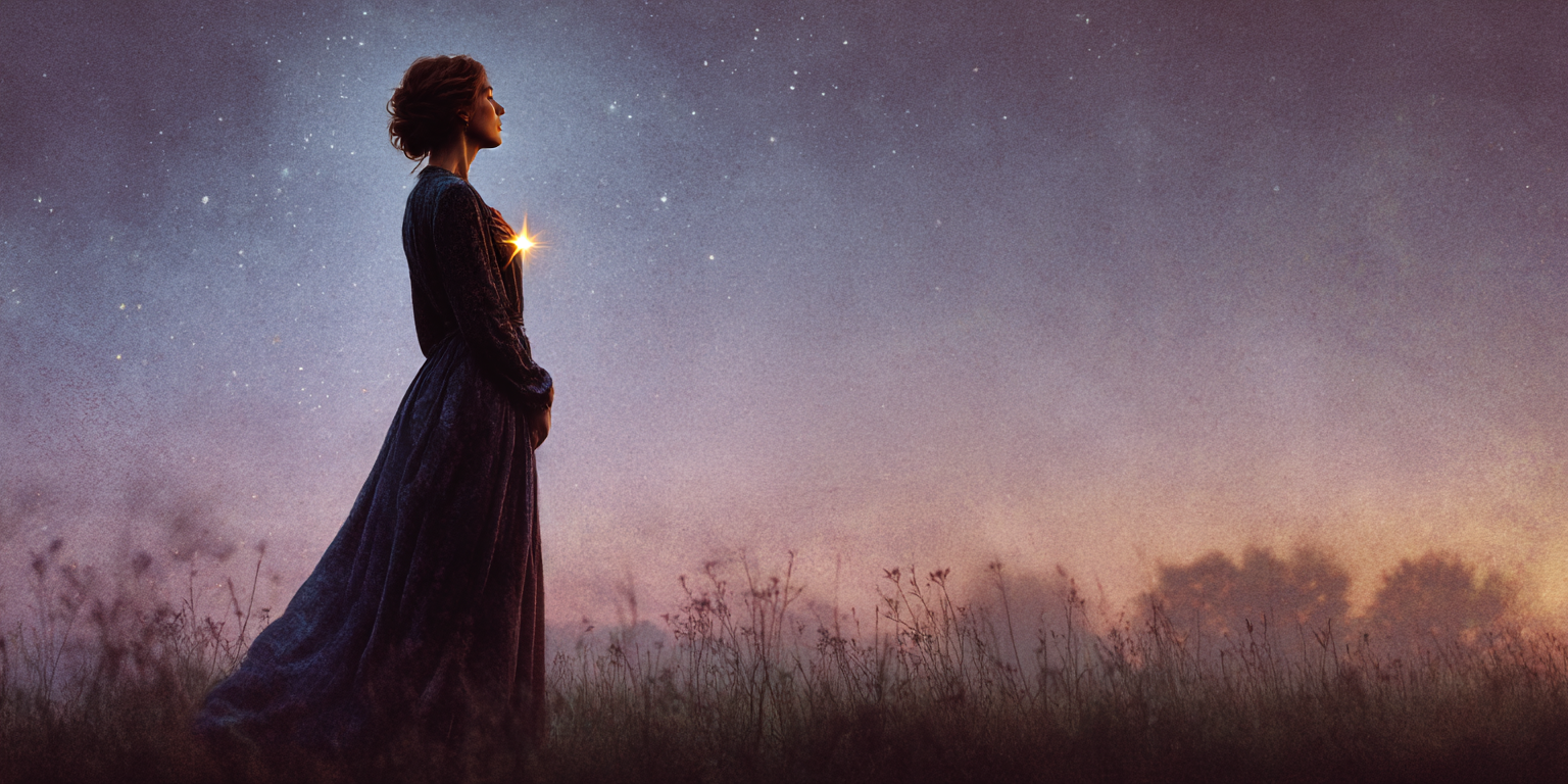 coaching transition de vie – femme debout dans un champ au crépuscule, lumière dorée émanant du cœur, ciel étoilé, ambiance poétique et contemplative symbolisant l’éveil intérieur