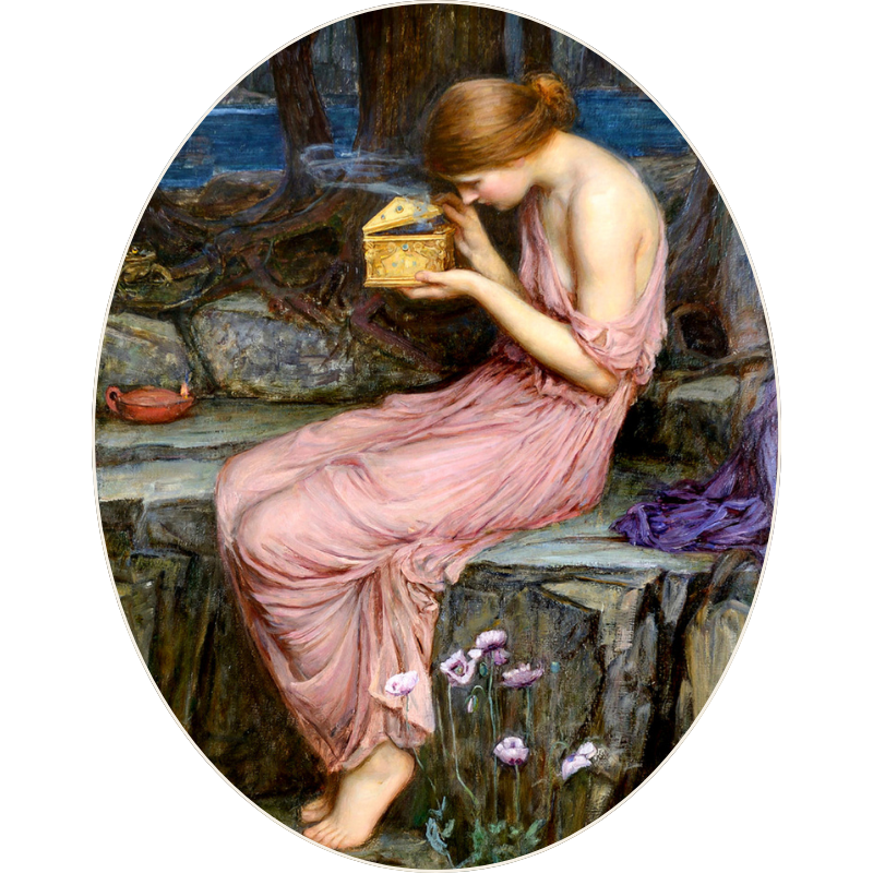 A painting of Pandora opening a box symbolizing sobriety in life transition therapy for women