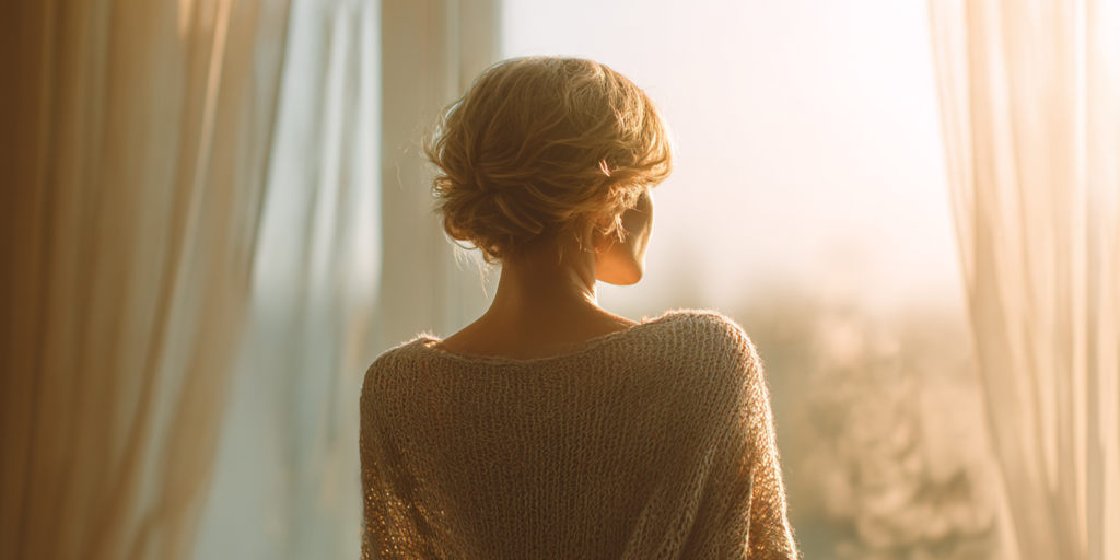 Woman seen from behind, standing in soft morning light by a window, embodying vulnerability and inner stillness — The Quiet Violence of Well-Intended Words