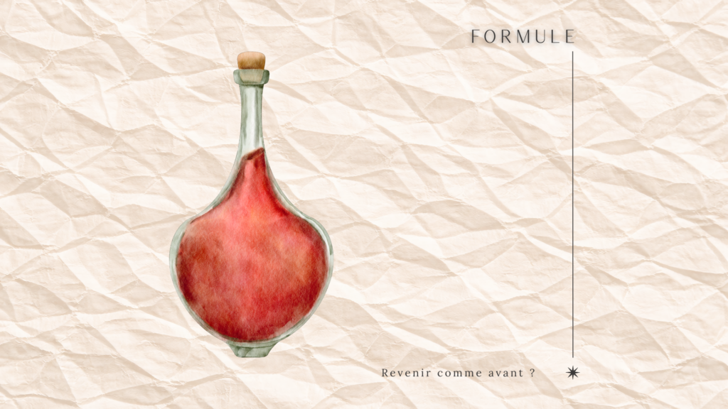 Illustration en aquarelle d’une fiole rouge symbolisant la formule d’avant et la question du retour à la normale